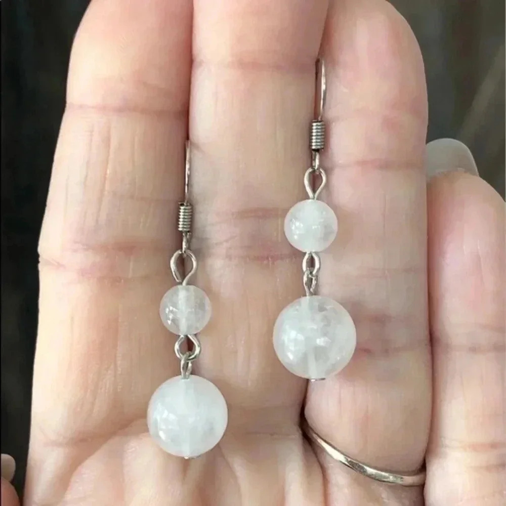 Crystal Quartz 10mm 6mm Double Bead Silver Drop Earrings Nwt 14$